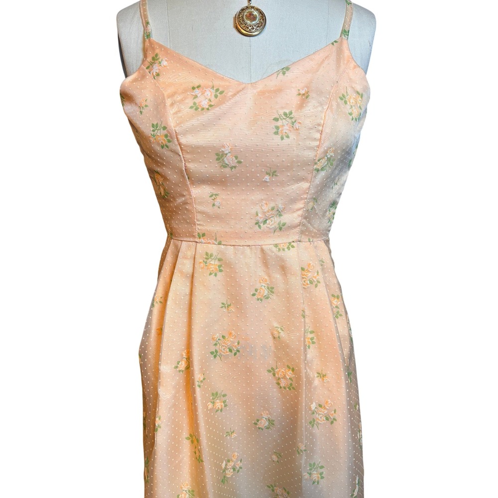 Maxi Dress Women Small Peach Floral Swiss Dot Pleated Spaghetti Strap Vintage - Picture 2 of 5